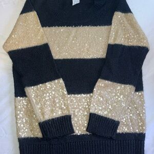 J. Crew Black and Gold Sequin Stripe Crew Sweater